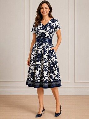 Classic Navy & White Floral Fit-and-Flare Dress, 6
